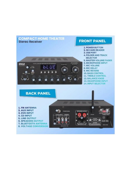 Amplificador Receiver Pyle Bluetooth Compacto